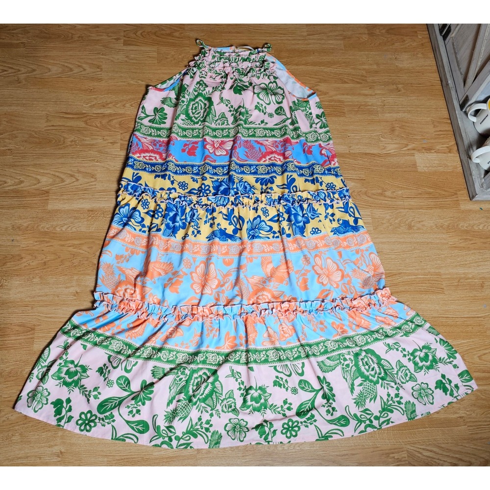 Grace Karin Womens 2XL Floral Tiered Maxi Dress Halter Neck Tropical Boho Pink